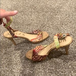 Multicolored ankle strap heels!